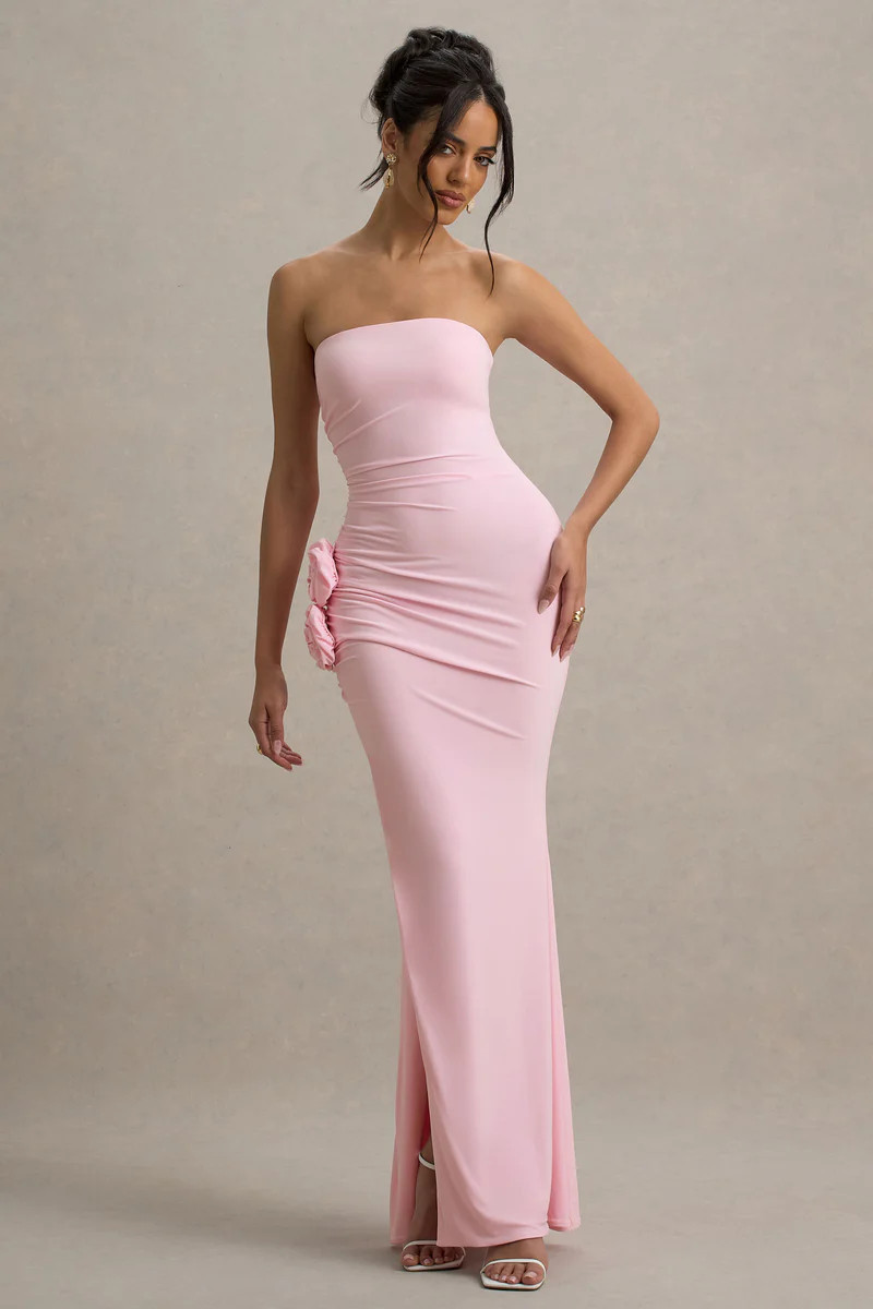My Muse  Pink Ruched Bandeau Split Maxi Dress With Flowers | Club L London