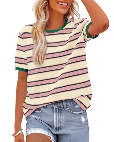 BTFBM Summer Tops for Women 2026 Crewneck Short Sleeve Striped T Shirts Casual Spring Clothes Color Block Basic Tee Blouses(Pink Apricot, X-Large) | Amazon (US)