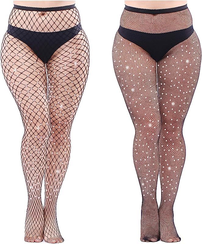 Aneco 2 Pairs Plus Size Sparkle Diamond Fishnets Sexy Black Tights | Amazon (US)