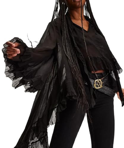 Women Full Sleeve Frill Tops Sexy See Through Sheer Ruffle Trim Blouse Tops Self Tie Neck Shawl Shirts Top(Black,Medium) | Amazon (US)