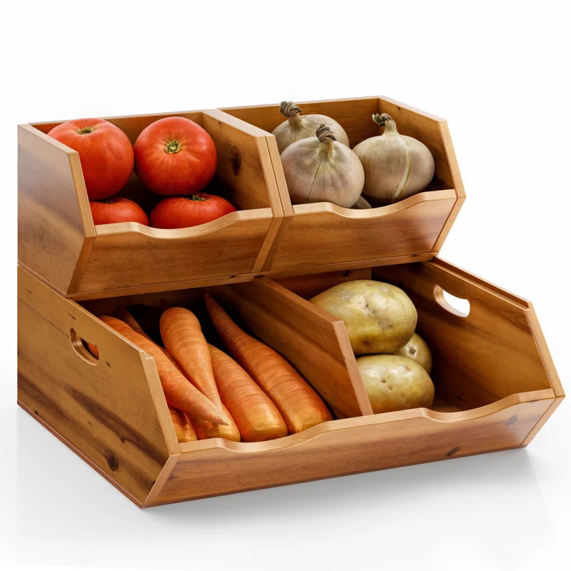 Acacia Potato And Onion Storage Bin - Stackable Wooden Storage Bins - Pantry Baskets Organization... | Wayfair North America