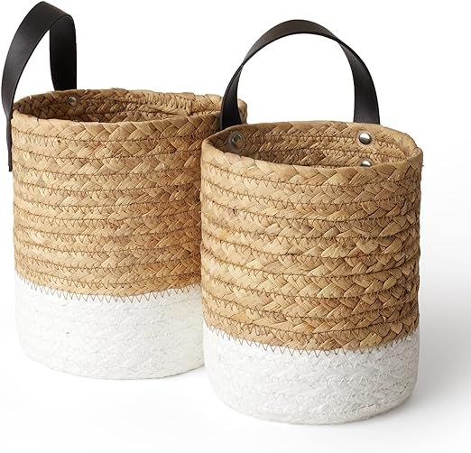 Wall Hanging Small Storage Baskets - Water Hyacinth & Paper Woven Hanging Baskets Set 2, Garden P... | Amazon (US)