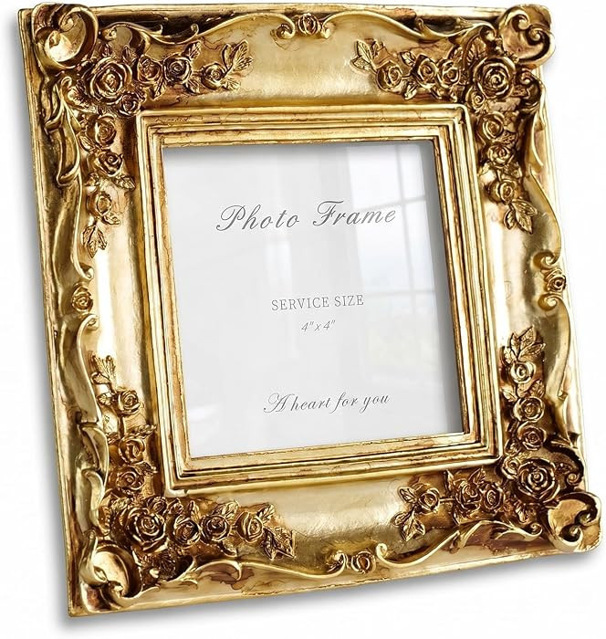 Cuspin 4x4 Gold Picture Frame Square, Vintage Ornate Resin Photo Frame with Rose Floral Carvings,... | Amazon (US)
