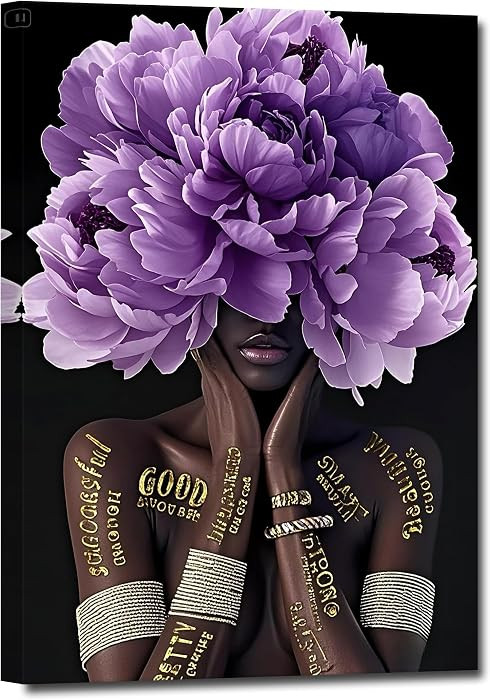 ZHIYYHAO African American Black Girl Head Wearing Purple Rose Canvas Painting Framed Modern Artwo... | Amazon (US)