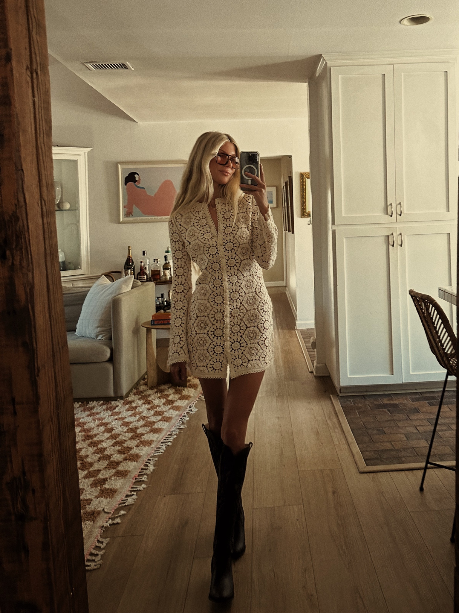 knee length dresses for ladies Ribbed Modal Long-Sleeve Draped Mini Dress in Mocha - L main image 0