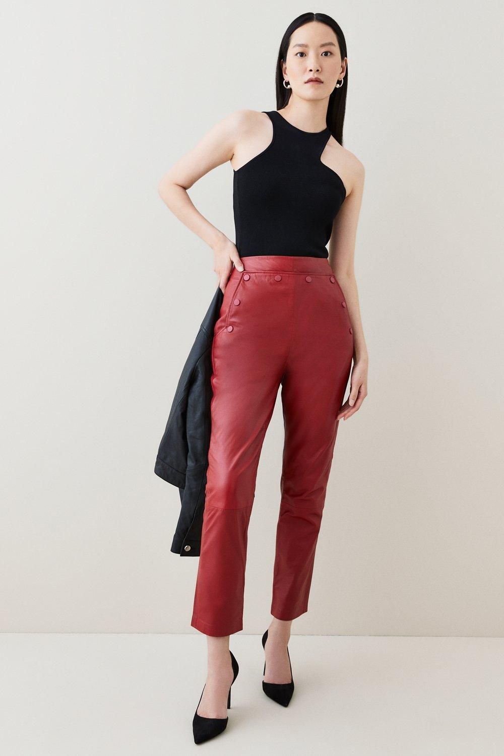 Leather Button Detail Trouser | Karen Millen UK & IE