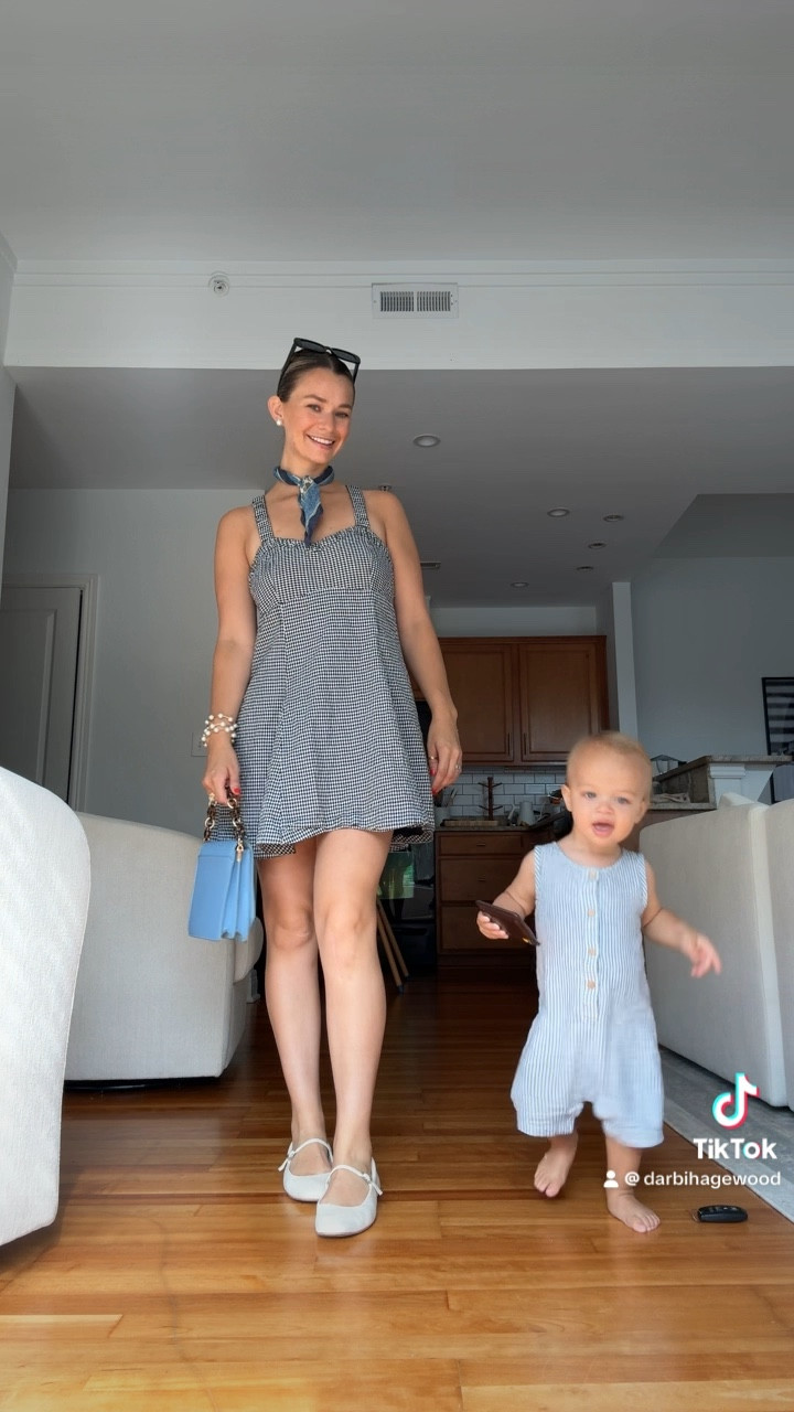 Gingham dress, summer dress, pops of blue, mom & son, summer outfitt