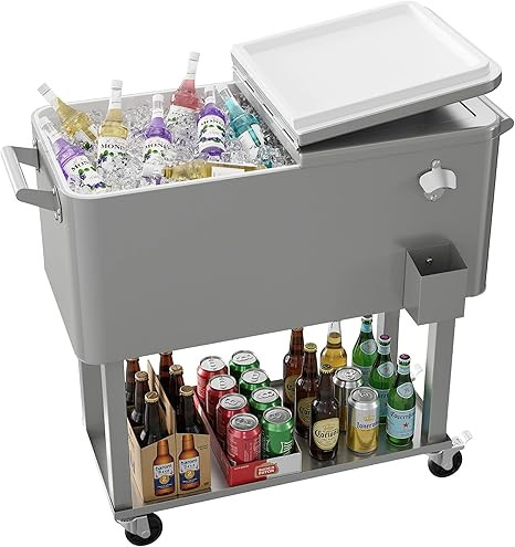 Patio Cooler Cart with Wheels, 104 Qt Portable Rolling Ice Chest, Outdoor Beverage Bar Cart with ... | Amazon (US)