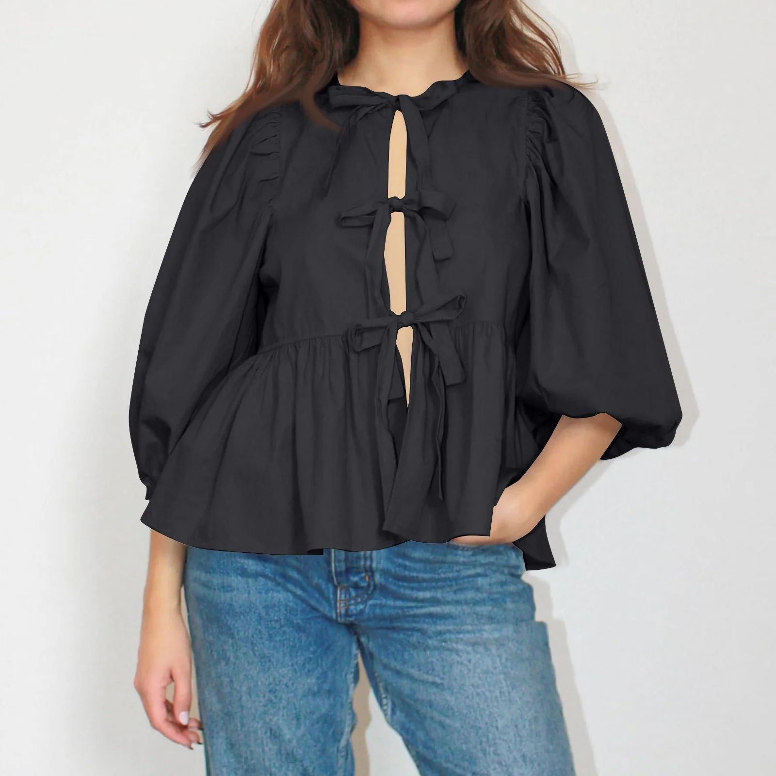 LTTVQM Women Tie Front Tops Puff Sleeve Babydoll Shirts Y2K Cute Ruffle Peplum Going Out Top Blou... | Walmart (US)