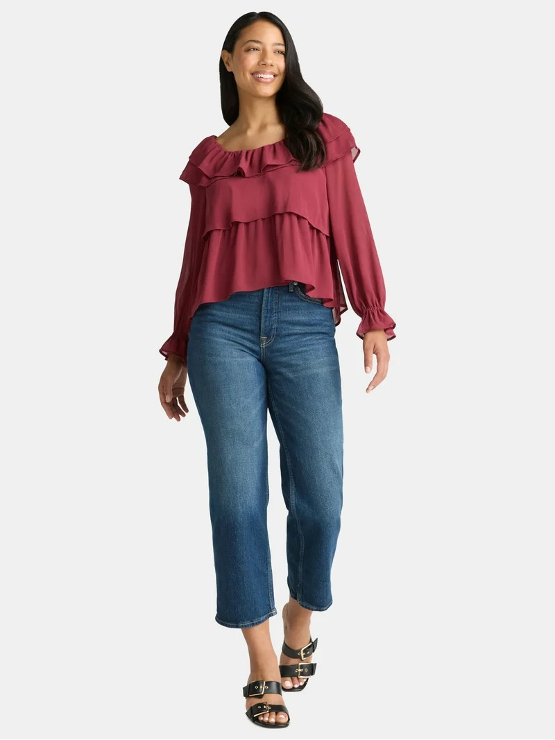 Time and Tru Women's Ruffle Neck Blouse with Long Sleeves, Sizes XS-3XL | Walmart (US)