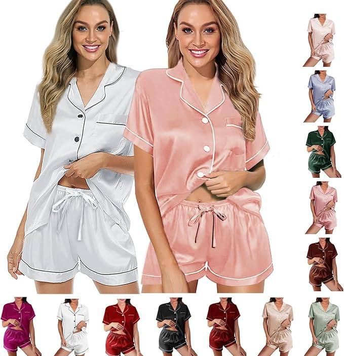 2 Pack: Silk Pajamas XS-2XL Womens Satin Pajama Set Bride Soft Pj Lounge Sets Pjs Shorts Set Shor... | Amazon (US)