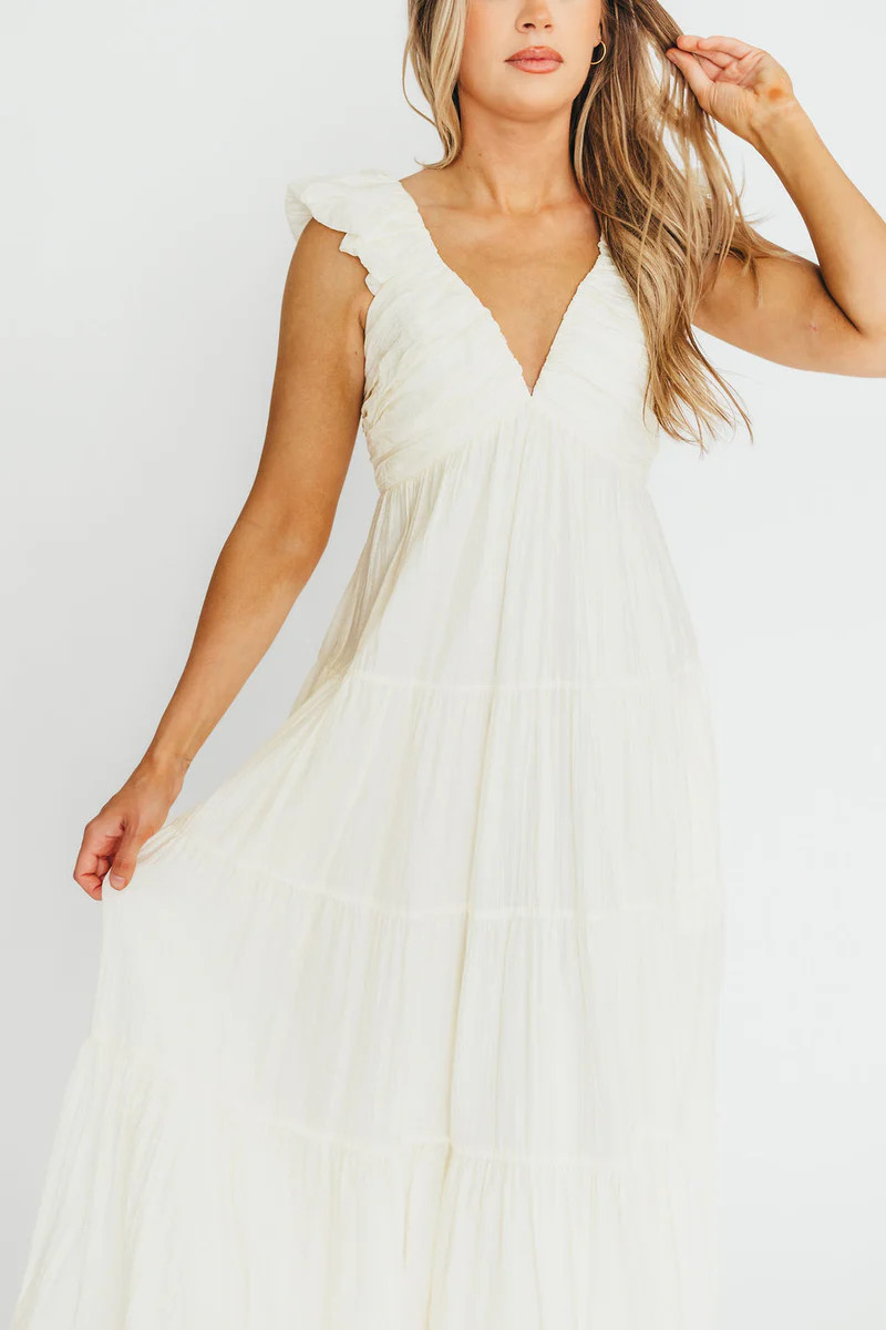 Katy Pleated Bodice Midi Dress in Cream - Bump Friendly | Worth Collective