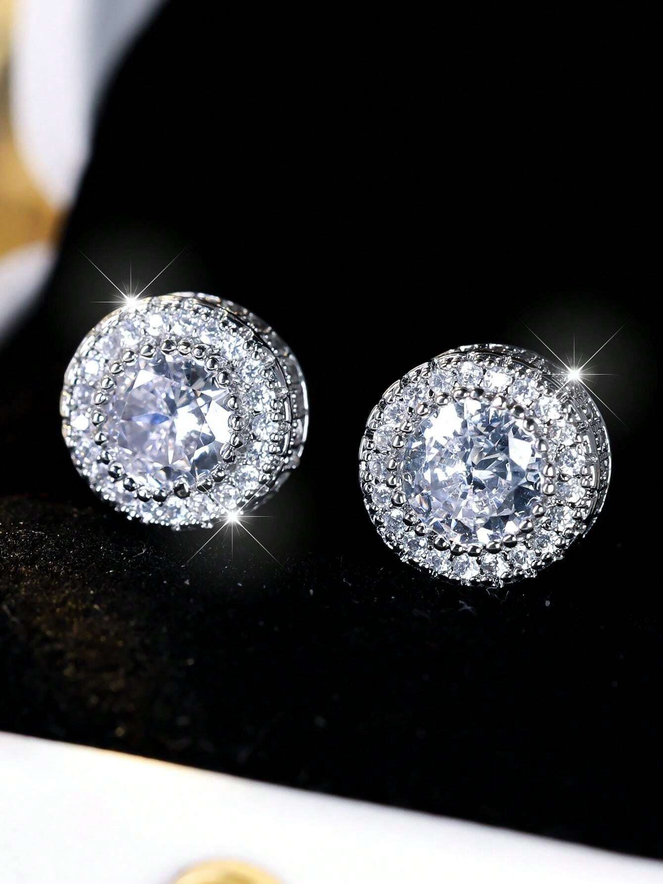 1pair Women Austria Crystal Round Earrings, Platinum & Gold-Plated, White CZ Hip Hop Wedding Studs For Women | SHEIN