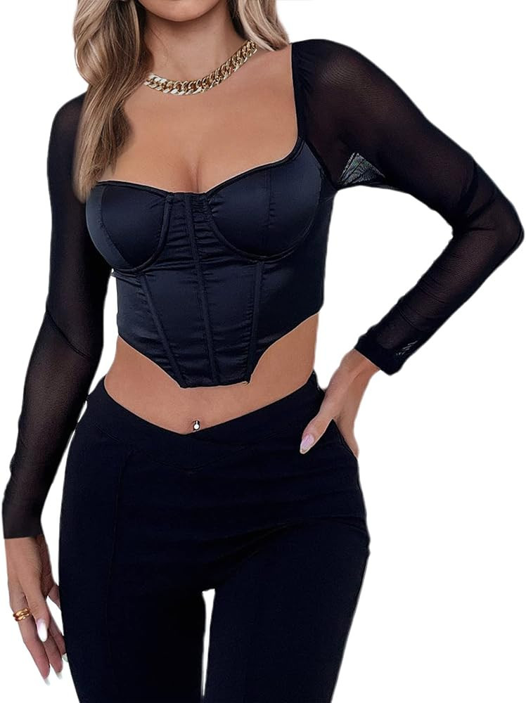 SOFIA'S CHOICE Women's Mesh Sheer Sleeve Square Neck Top Puff Sleeve Slim Fit Blouse | Amazon (US)