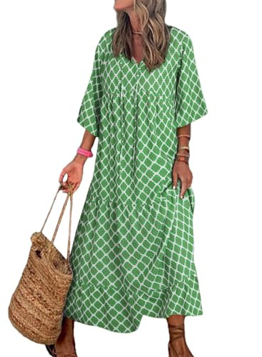 Dokotoo Women Boho Maxi Dresses 2024 V Neck Long Puff Sleeve Smocked Ruffle Flowy Casual Dress | Amazon (US)