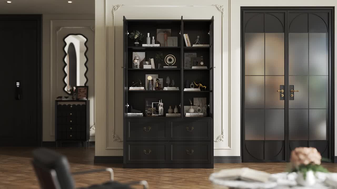 47.2 in. W x 78.7 in. Tall 8-Shelf Black Wood Standard Bookcase Bookshelf With Glass Doors, Adjus... | The Home Depot