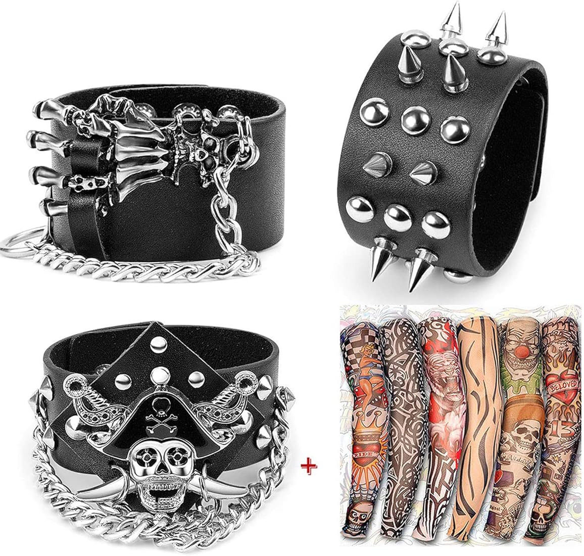 Yariew 3Pcs Spike Studded Rivet Punk Rock Biker Wide Strap Leather Bracelet Chain Wristband Rocker C | Amazon (US)