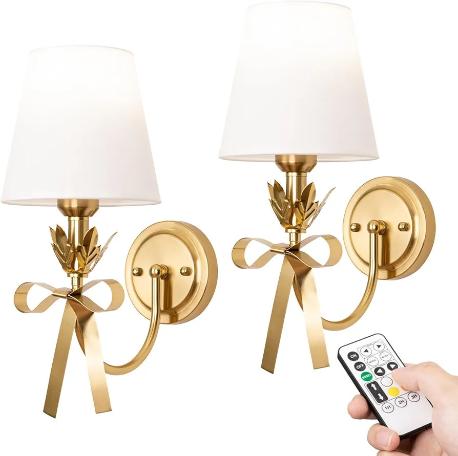 Adust Battery Operated Wall Sconce Set of Two, Antique Brass Bow Wall Sconces Remote Control Dimm... | Amazon (US)