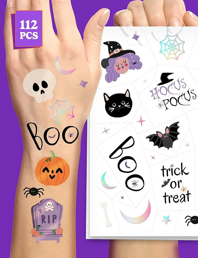 HOUSE OF PARTY Halloween Temporary Tattoos for Kids - 112 PCS Hocus Pocus Stickers, Bat Tattoos, ... | Amazon (US)