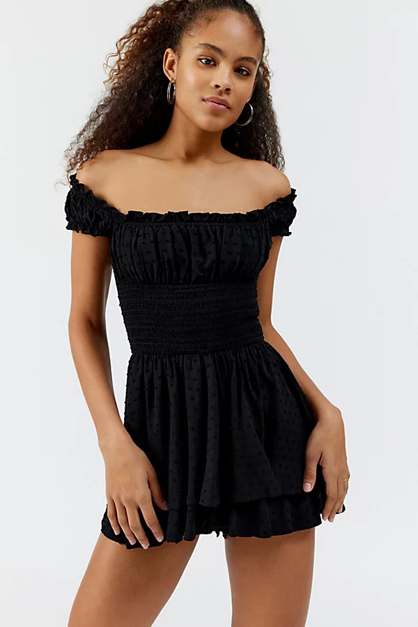 Urban Outfitters UO Rosie Smocked Tiered Ruffle Romper in Black at Urban Outfitters | Urban Outfitters (US and RoW)