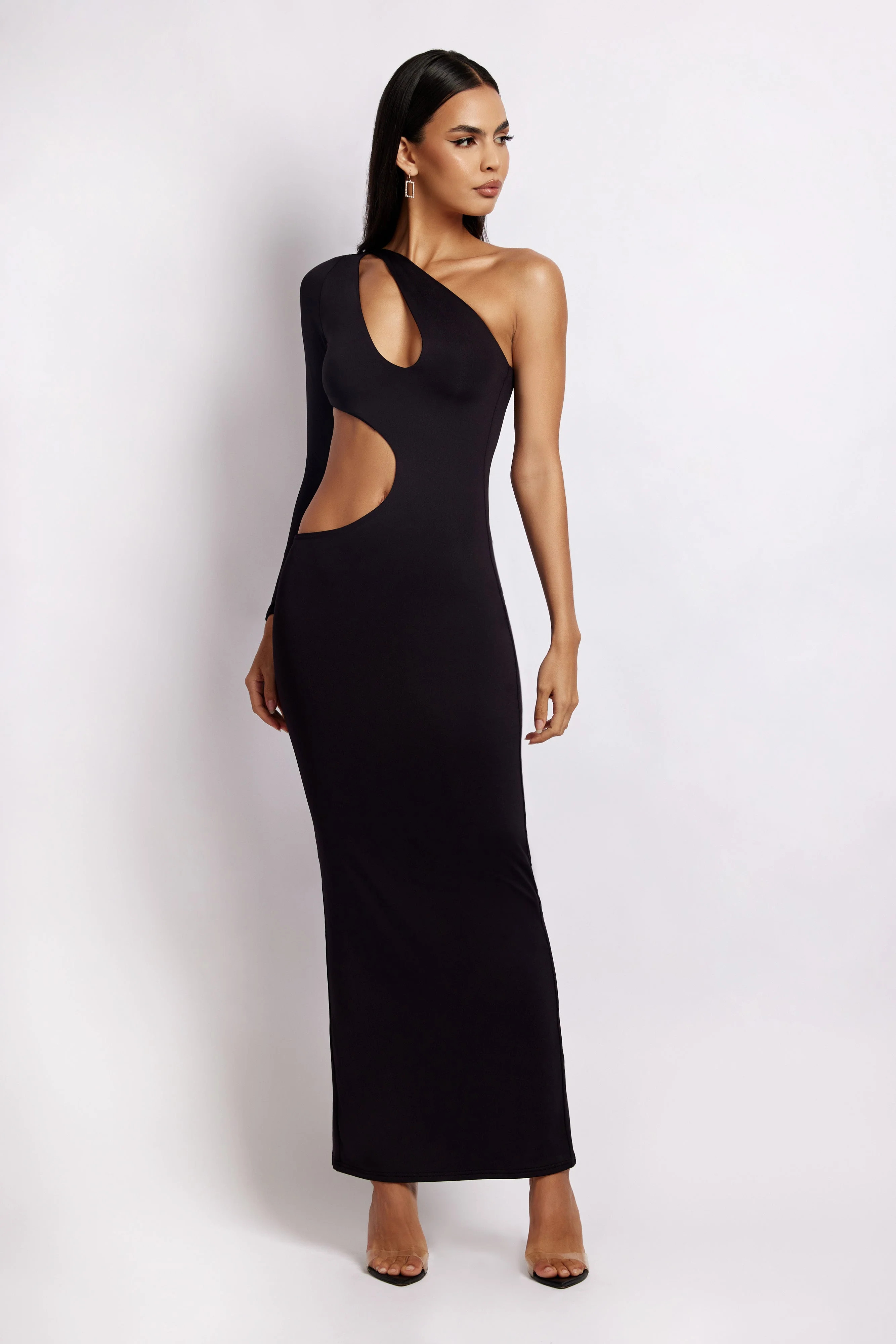 Joyce One Shoulder Cut Out Maxi Dress - Black | MESHKI US