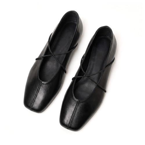Womens Ballet Flats Black Square Toe Flats with Criss Cross Strap Comfortable Dress Shoes for Off... | Amazon (US)
