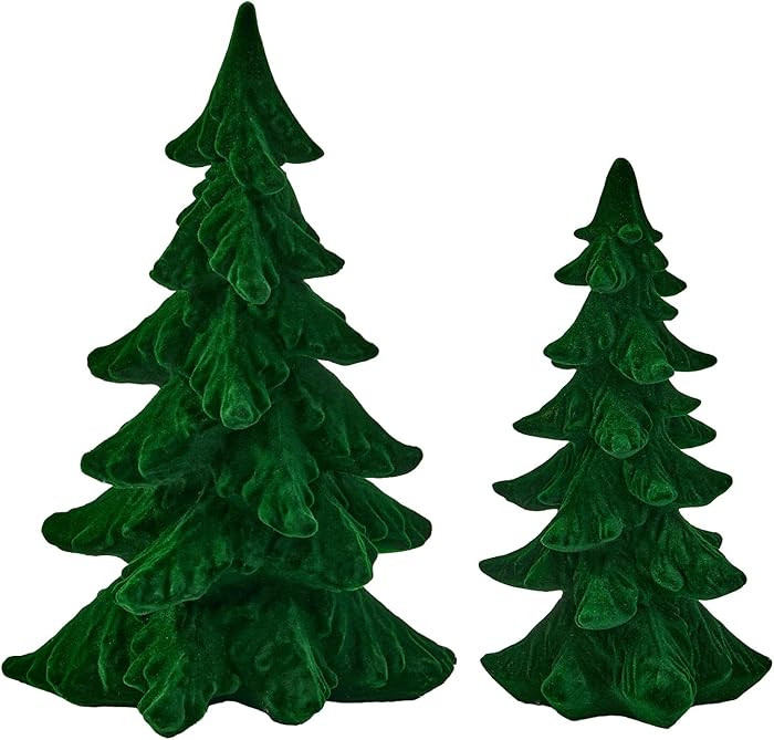 DN DECONATION Flocked Christmas Tree Figurines, Green Velvet Xmas Trees Set of 2, Small Resin Pin... | Amazon (US)