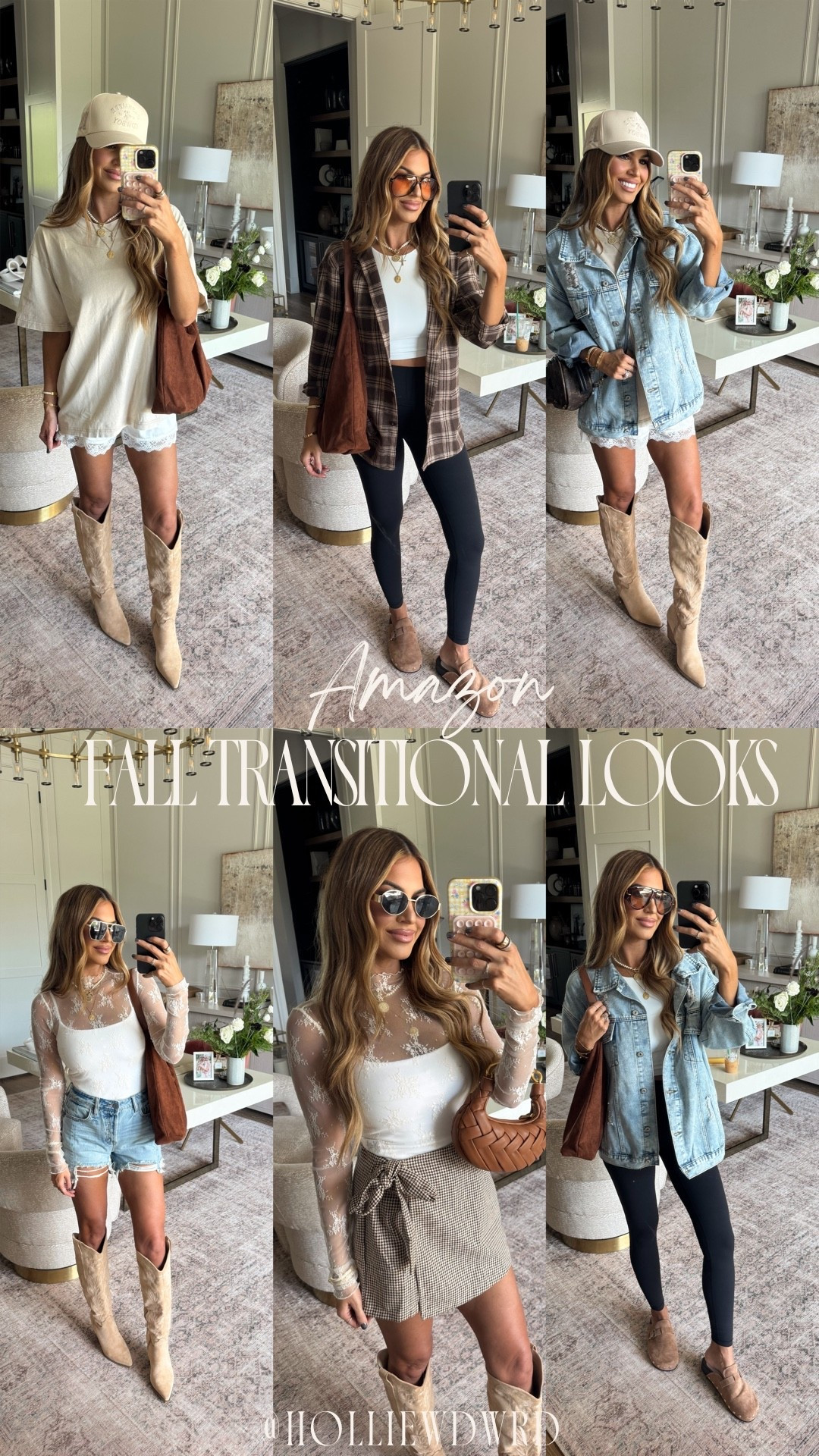 Amazon fall transitional looks I’m loving! 
Use code HOLLIE30 at Vici! 

Tee size medium 
Lace shorts size small 
Flannel size medium 
Leggings size small 
Tank size small 
Jean jacket size medium 
Lace tee size small 
Jean shorts size 27 
Skort size small 
