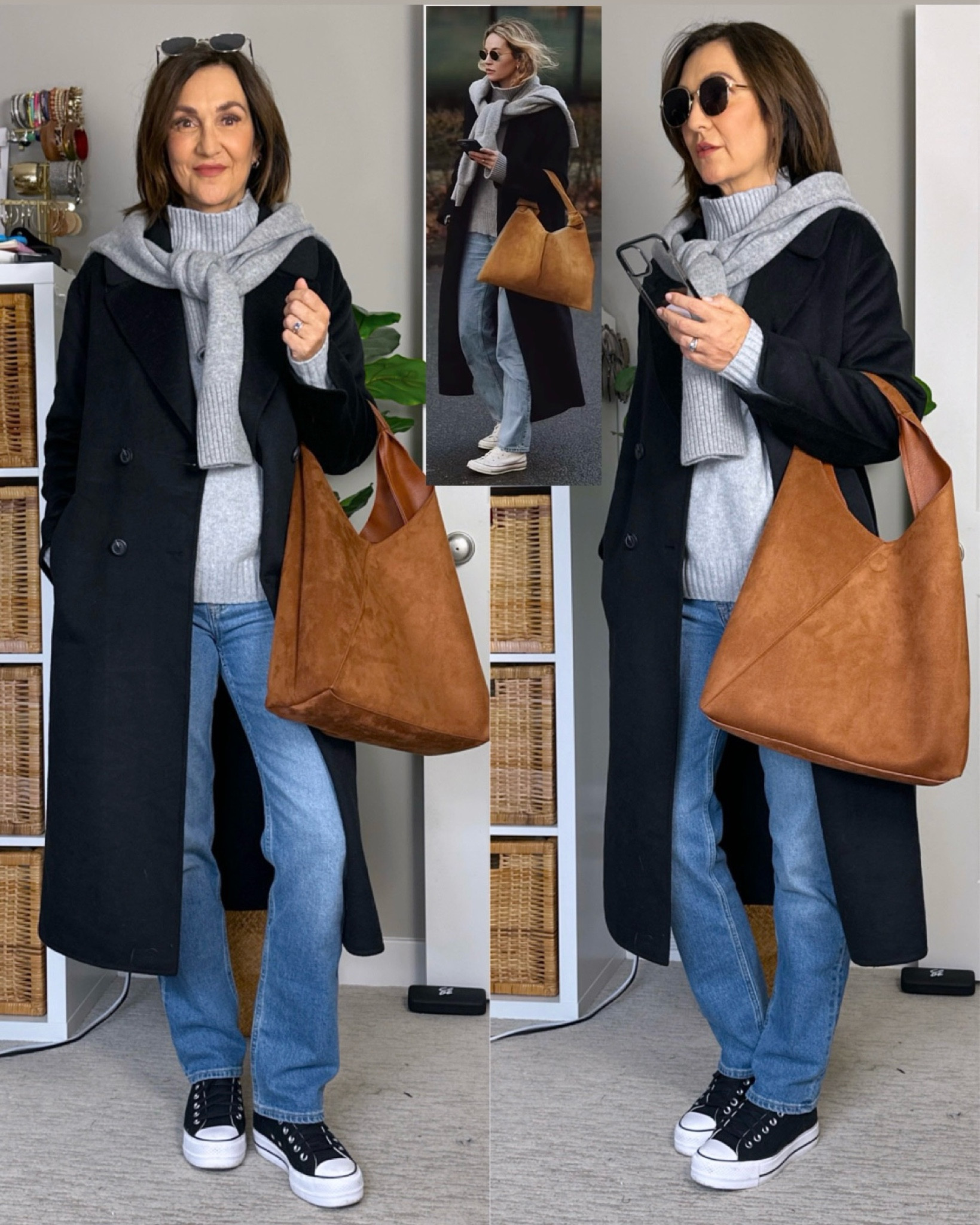 Pinterest inspired fall look! 
I’ll link a similar scarf that would also work if you’re not into the sweater over a coat situation :)
Wearing my usual S in the coat and 27 in the jeans (both on sale!) and sized up to M in the sweater for an oversized fit and longer sleeves (also on sale!). In Converse I always go down 1/2 size. 
Vegan suede bag is on sale too and you can use code CHRISTIN15 for 15% off the cashmere sweater.


#LTKCyberWeek #LTKitbag #LTKstyletip