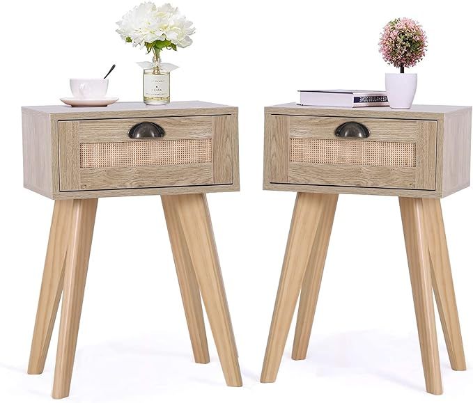 2 Packs Nightstand with Rattan Drawer - Modern Small Accent Cabinet Side Table with Solid Wood Le... | Amazon (US)