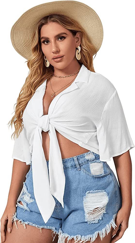 Floerns Women's Plus Size Flare Bell Sleeve Deep V Neck Tie Front Crop Shirts Blouse | Amazon (US)