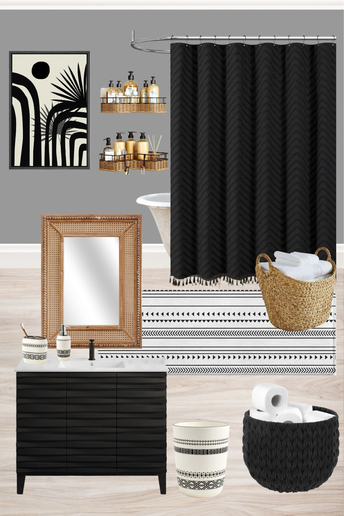 Boho chic bathroom design with a gorgeous black bathroom vanity and shower curtain, and rattan accents!

#LTKStyleTip #LTKHome