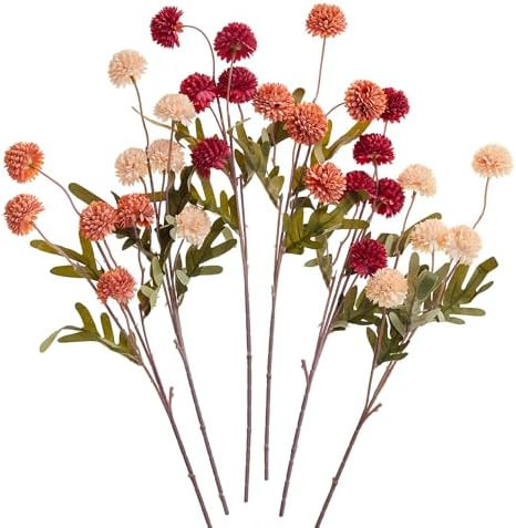 Orange Fake Silk Pompon Mums Artificial Fall Flowers with Stems | 6Pcs Faux Silk Mini Chrysanthem... | Amazon (US)