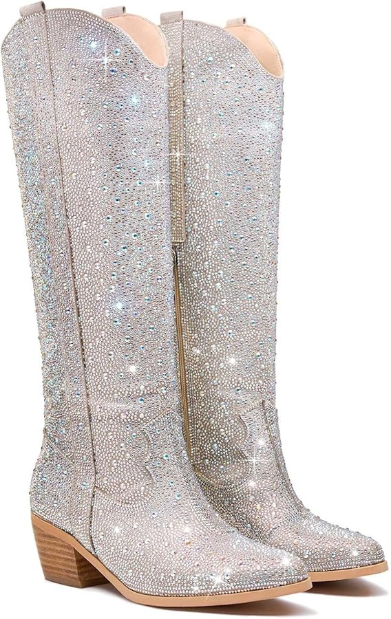 Women's Rhinestone Knee High Cowboy Boots Over the Knee Cowgirl Tall boots Pointed Toe Low Chunky... | Amazon (US)
