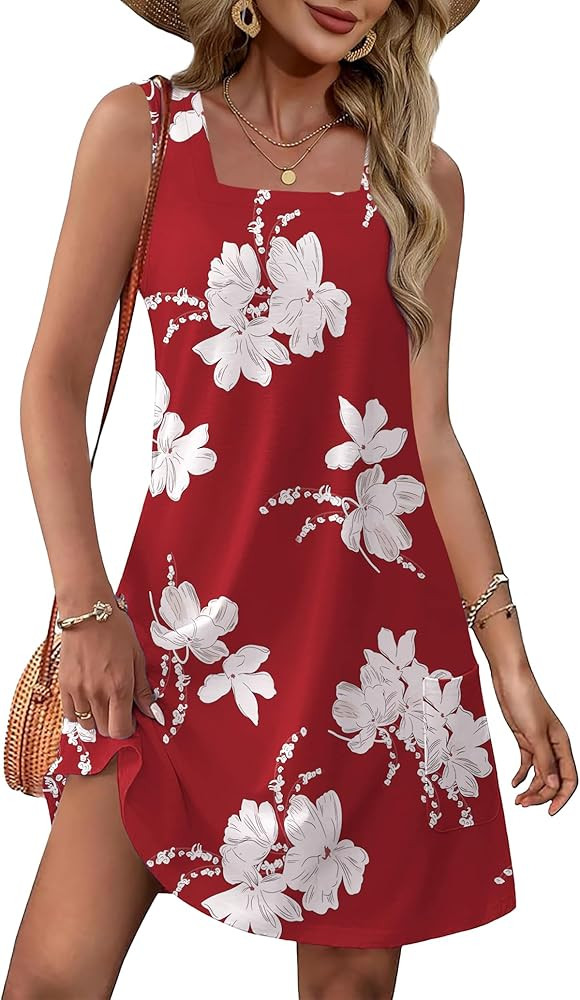 OFEEFAN Womens Square Neck Tank Dresses 2026 Summer Spring Loose Swing Sundresses with Pockets Pl... | Amazon (US)