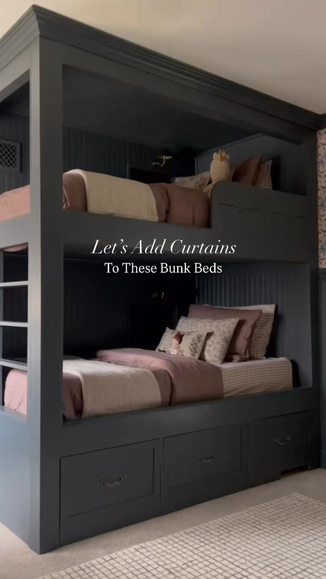 I promised the girls curtains on their bunk beds and they’re finally up! These custom pleated curtains from Etsy are the prettiest fabric and best quality. 

I DIY’d the rod and love the wood and brass combo! 

Everything’s linked below! 
Paint color: midnight blue by Benjamin Moore 