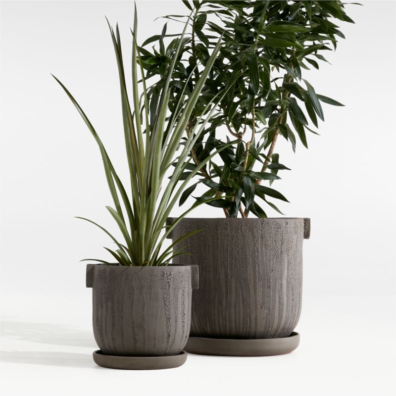 Crucible Black Terracotta Planters with Saucer by Athena Calderone | Crate & Barrel | Crate & Barrel