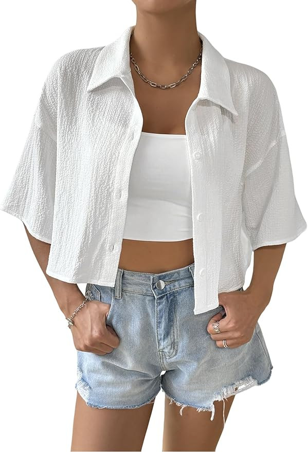 SHENHE Women's Oversized Button Down Short Sleeve Shirt Textured Collared Crop Top Blouse | Amazon (US)