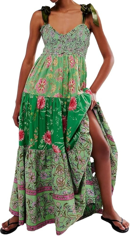 Women Floral Maxi Dress Summer Flowy Sleeveless Tie Shoulder Bohemian Smocked Dresses Casual Sund... | Amazon (US)