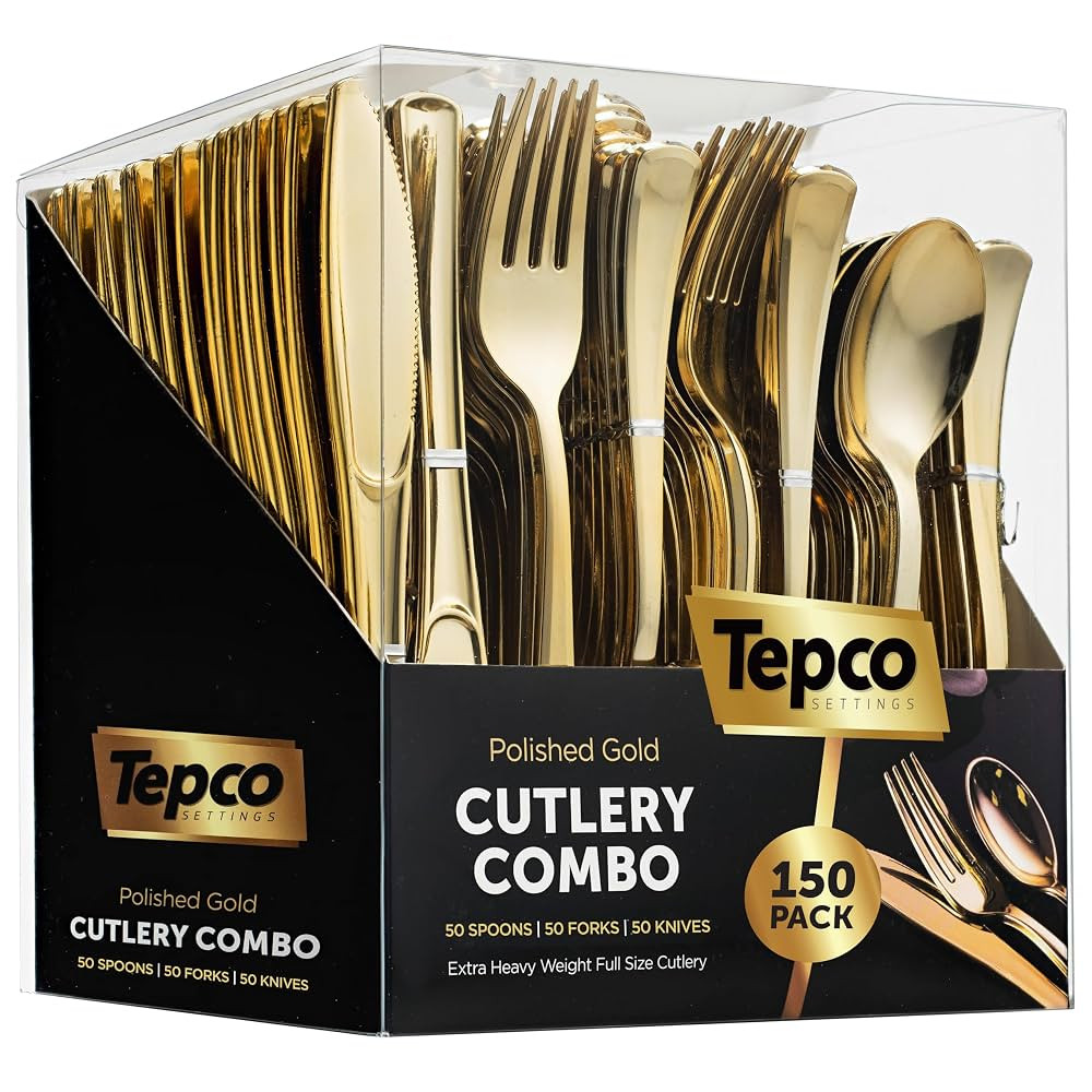 150 Gold Plastic Silverware Set - Disposable Flatware - 50 Forks, 50 Spoons, 50 Knives - Heavy Du... | Amazon (US)