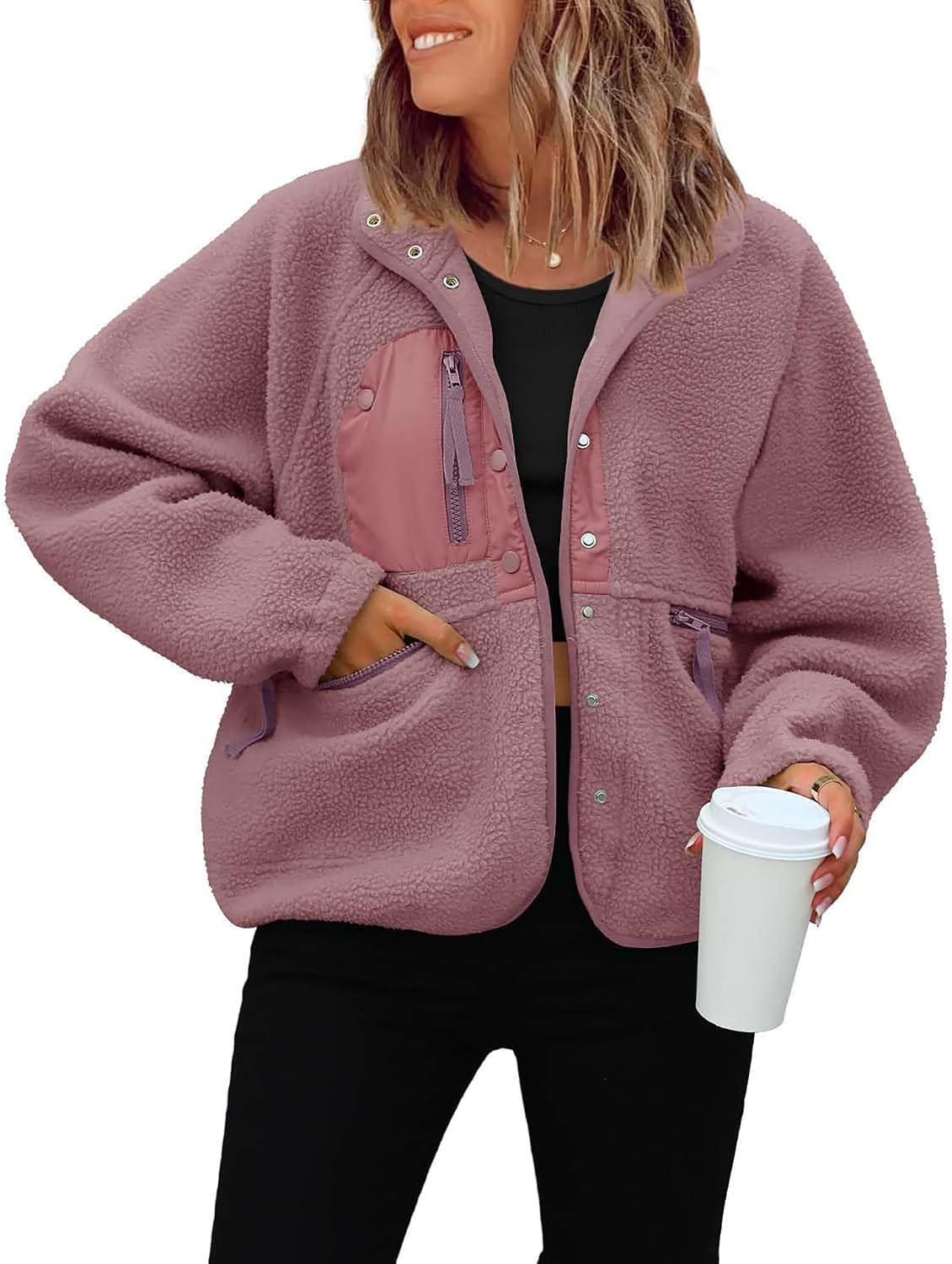 Womens Button Down Cropped Fuzzy Fleece Jackets | Amazon (US)