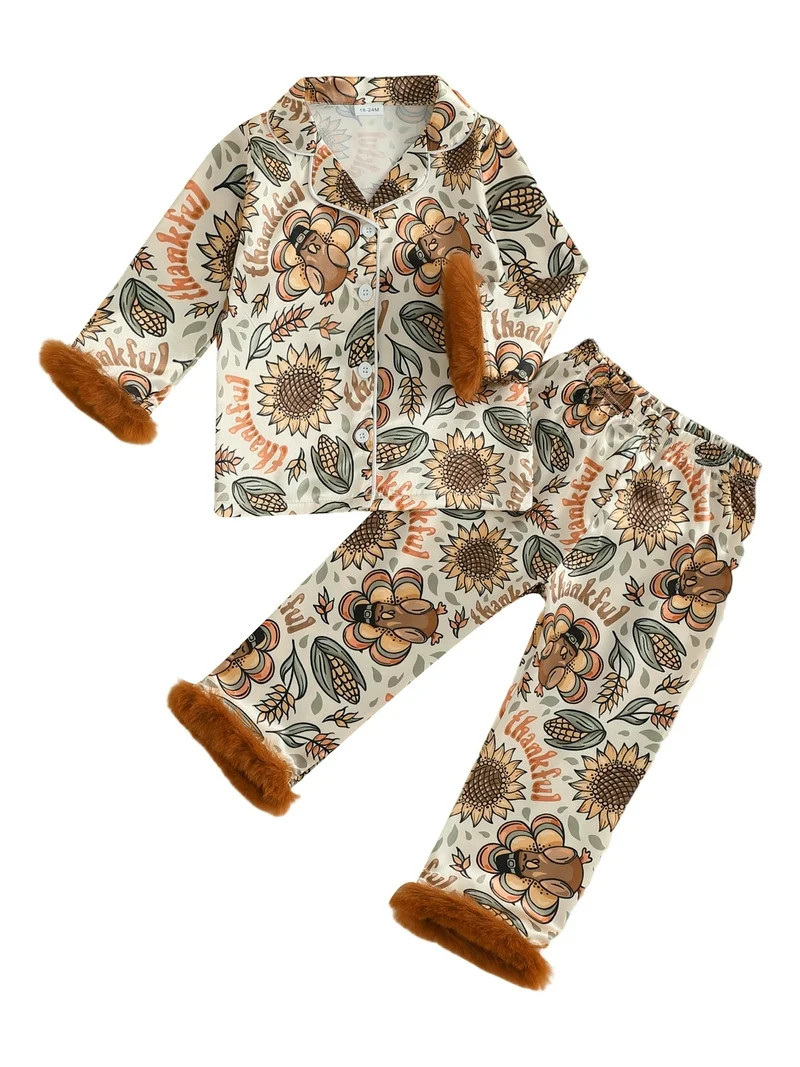 BemeyourBBs Girls Thanksgiving Pajamas Set Turkey Sunflower Print Shirt with Pants - Walmart.com | Walmart (US)