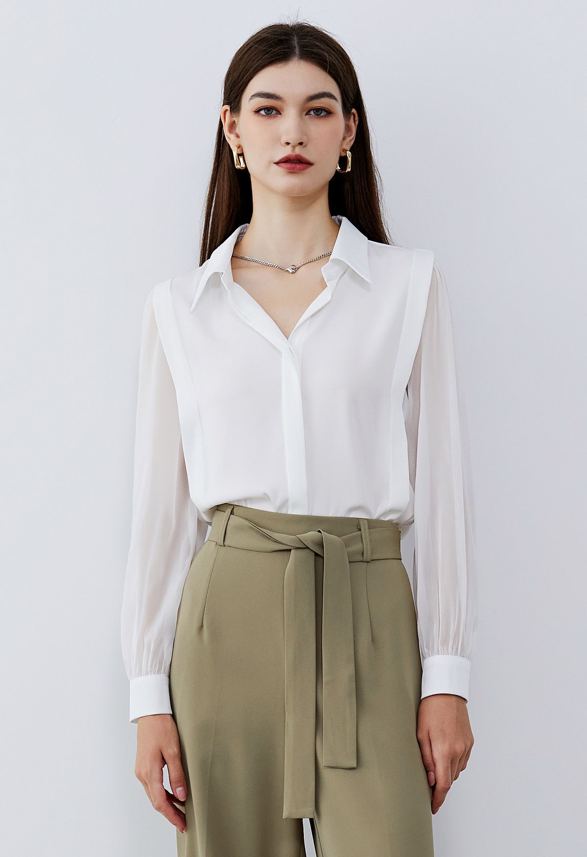 Heart Necklace V-Neck Satin Shirt in White | Chicwish