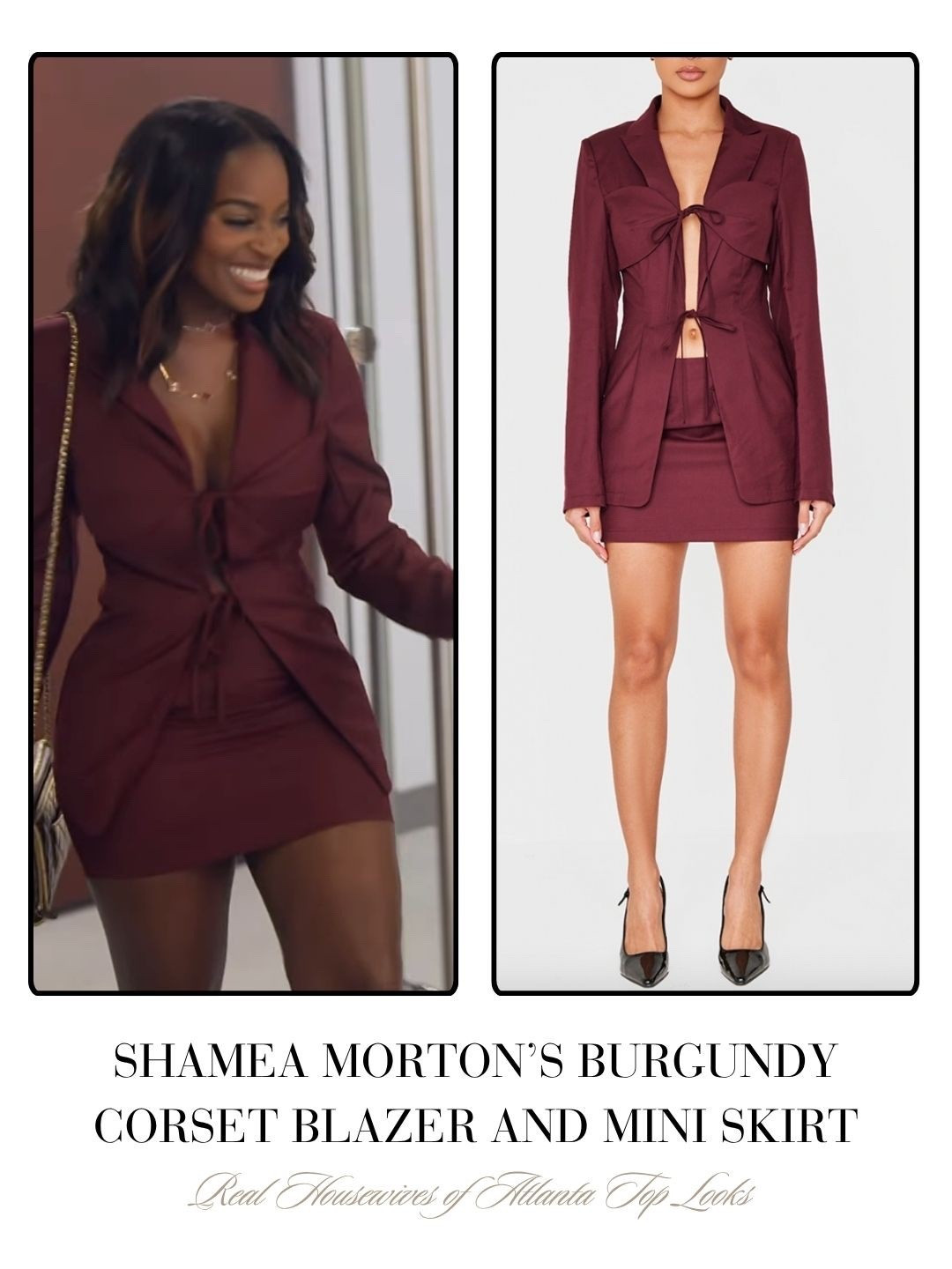 Shamea Morton’s Burgundy Corset Blazer and Mini Skirt 