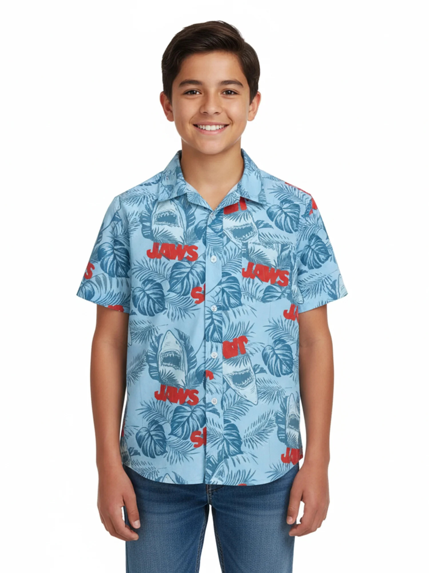Jaws Boys Cotton Graphic Button Up Shirt with Short Sleeves, Sizes 4-18 - Walmart.com | Walmart (US)