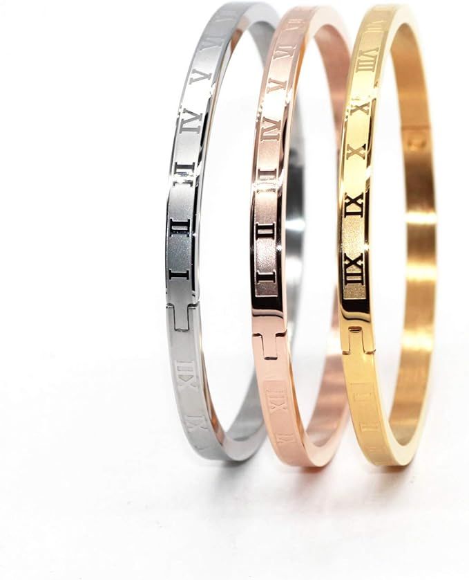 Gold Silver Rose Gold Plated Bracelets for Men Women Roman Numeral Bangle Bracelet Stainless Stee... | Amazon (US)