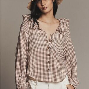 Anthropologie Brown Checkered Ruffle Collar Top xxs NWT | Poshmark