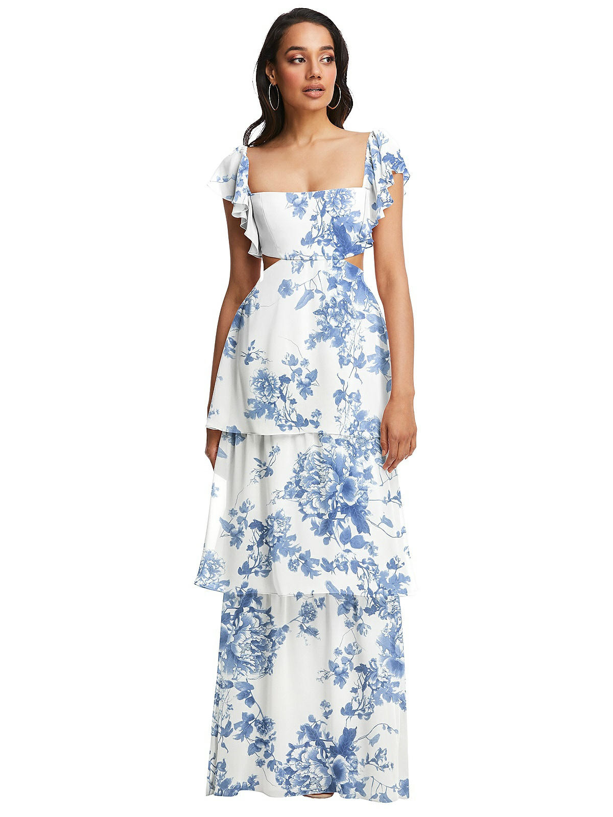 Flutter Sleeve Cutout Tie-Back Maxi Dress with Tiered Ruffle Skirt in Cottage Rose Dusk Blue | The Dessy Group