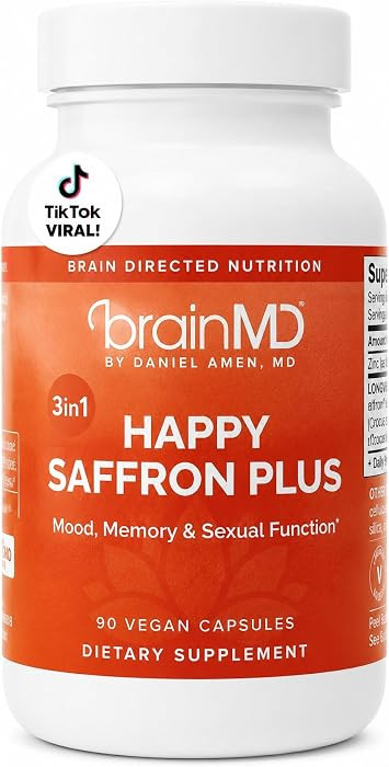 Dr Amen BrainMD Happy Saffron Plus - 90 Capsules - With Saffron Flower Extract, Curcumin & Zinc - Vegan, Gluten Free - 30 Servings | Amazon (US)