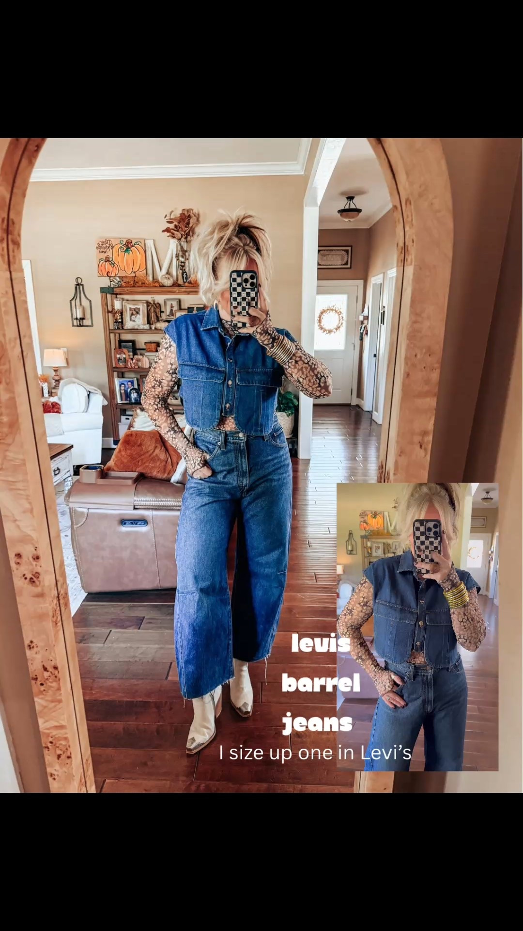 These are the Levi’s barrel and I cut about two inches off the length. I’m 5’6 and size 8/M wearing a 30 in these. They have the back snaps to cinch your waist. 
I’m wearing a medium in this mesh lace long sleeve and also the denim vest. 


#LTKFindsUnder100 #LTKStyleTip #LTKOver40